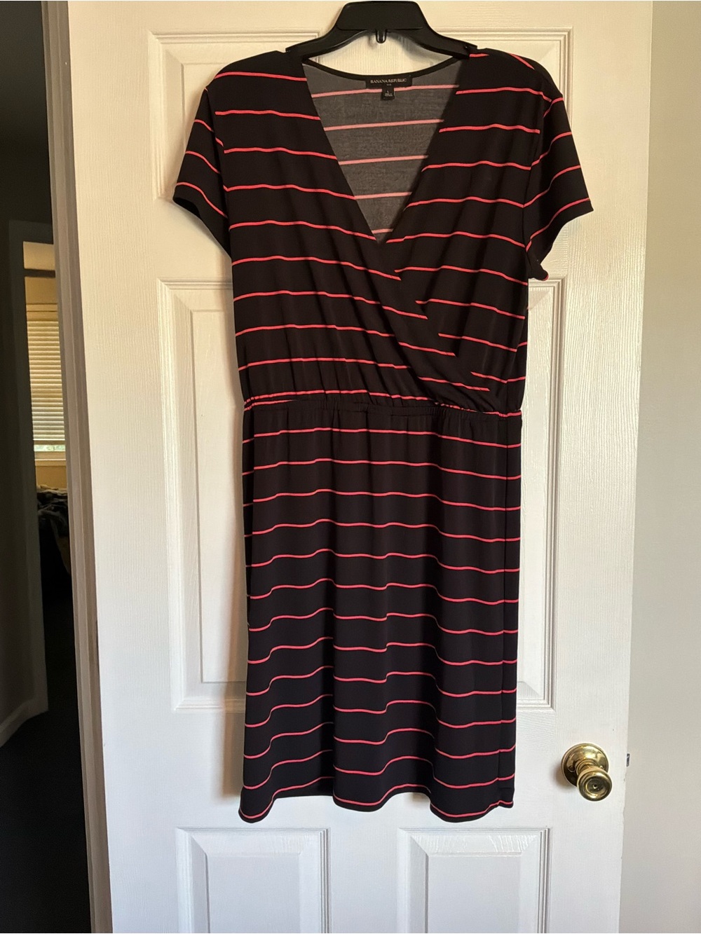 Banana Republic Black Dress with Pink Stripes - Faux Wrap Midi